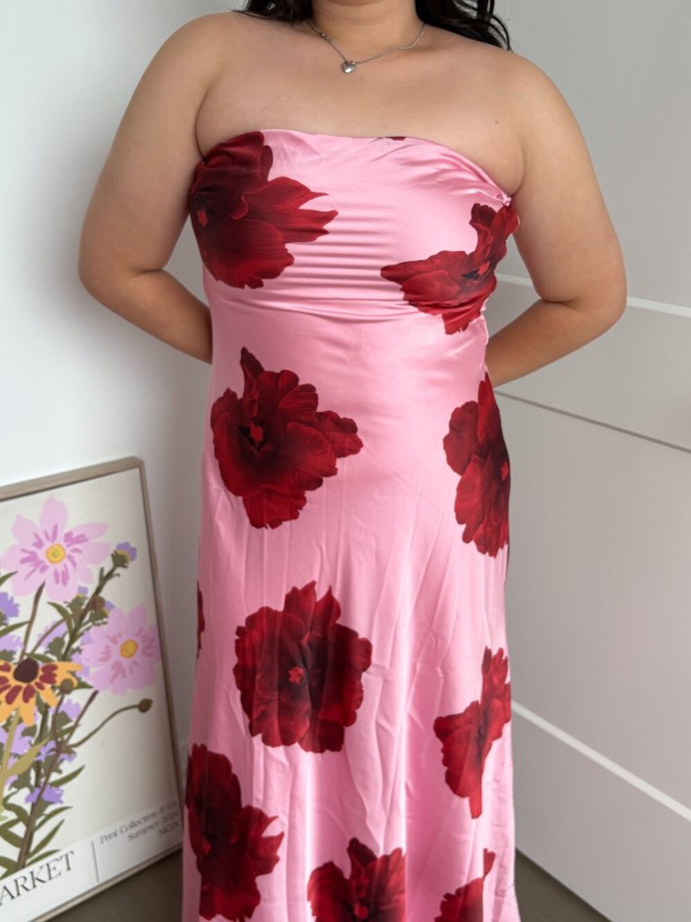 Paper Heart Pink Red Floral Satin Maxi Dress L